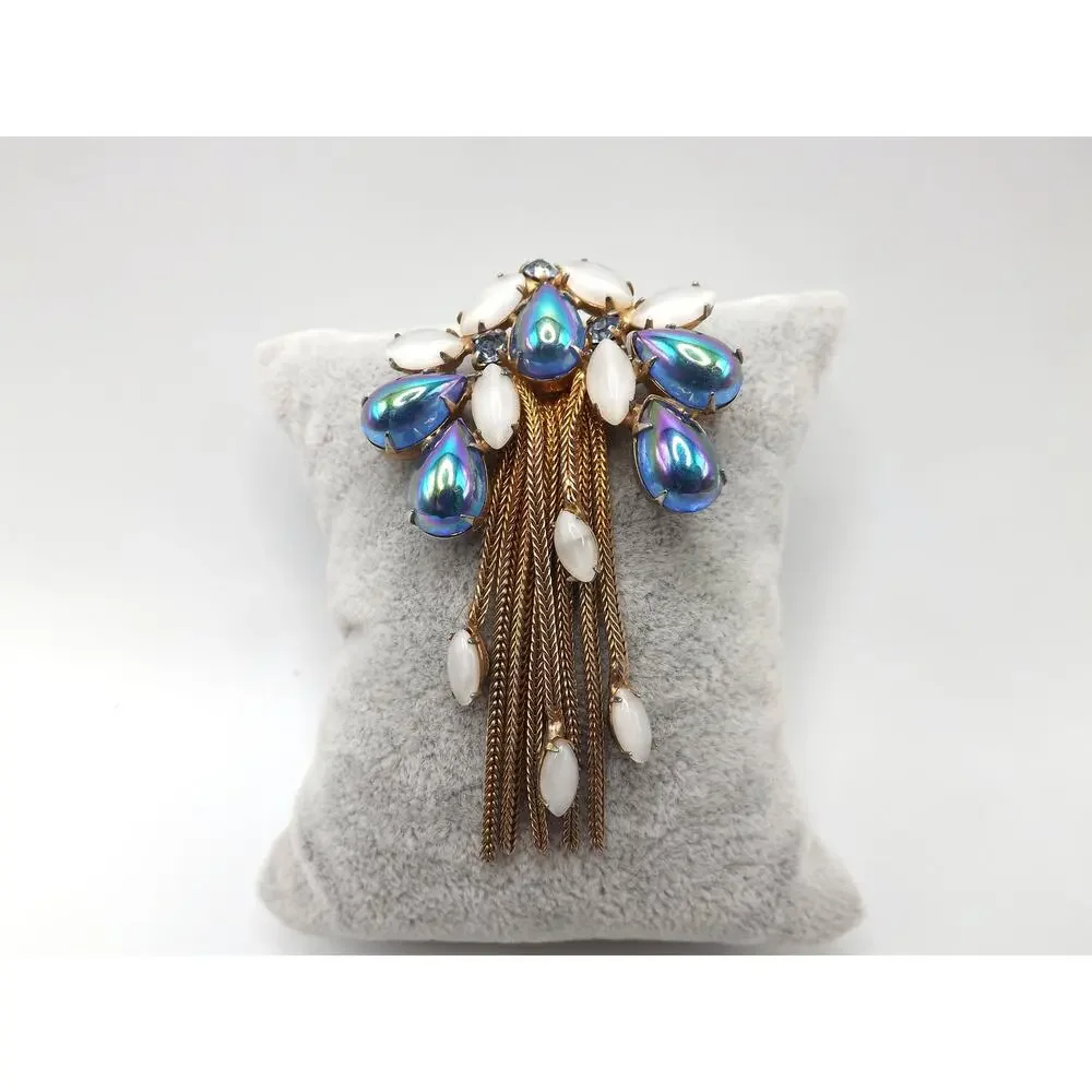 Iridescent Blue Gold Plated Fringe Brooch, White Art Glass Stones, 1960s Vintage